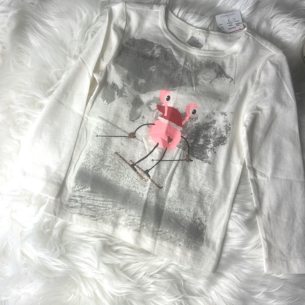 Crewcuts cotton skiing frog long sleeve ivory tee NWT